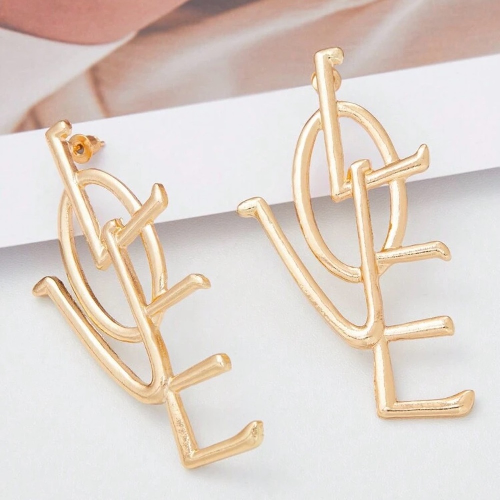 Gold 'LOVE' Statement Drop Earrings for Women - Picture 3 of 3